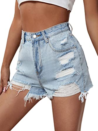 Photo 1 of Floerns Women's Ripped Raw Hem High Waisted Distressed Denim Shorts SIZE S
