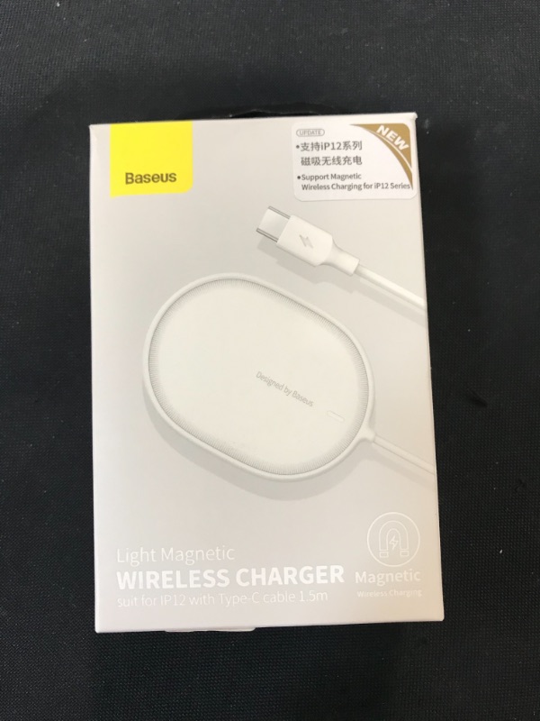 Photo 2 of Baseus Magnetic Wireless Charger, 15W Fast Charging Pad Compatible with MagSafe Wireless Charger for iPhone 13/13 Mini/13Pro/13Pro max/iPhone 12/12 Mini/12Pro max (White)
