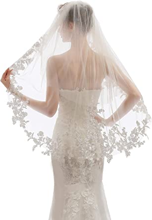 Photo 2 of Elawbty Womens 2 Tier Fingertip Length Short Lace Wedding Bridal Veil With Comb X07
