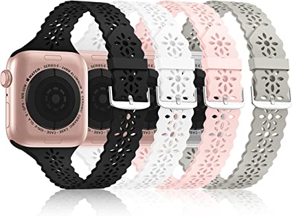 Photo 1 of [Bandiction 4 Pack] Lace Silicone Bands Compatible with Apple Watch Band 38mm 40mm 42mm 44mm,Women Slim Thin Hollow-out iWatch Sport Wristband with Classic Clasp for iWatch Series SE 8 7 6 5 4 3 2 1
