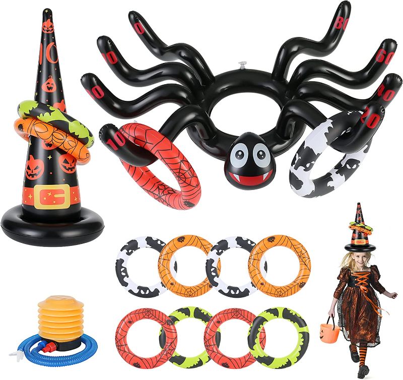 Photo 1 of KSPOWWIN Inflatable Halloween Spider Witch Hat Ring Toss Game with 12 Ring and Pump, Novelty Halloween Game Party Favors for Kids Halloween School Family Party Indoors Outdoors Game