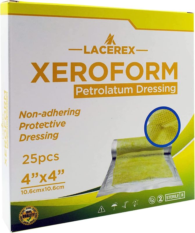 Photo 1 of AWD Medical Xeroform Petrolatum Dressing 4x4 - Non-Adhering Gauze Pad - Fine Mesh Gauze Patch Sterile - Healthcare Supplies for Wound Care, Burns, Lacerations, & Skin Grafts Aide (Box of 25, 4"x4")
