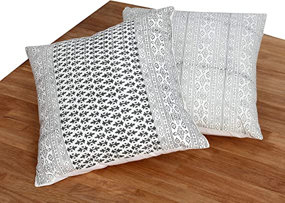 Photo 1 of 18 x 18 Hand Block Printed Cotton Pillow with Kilim Pattern, Set of Two, Black and White
