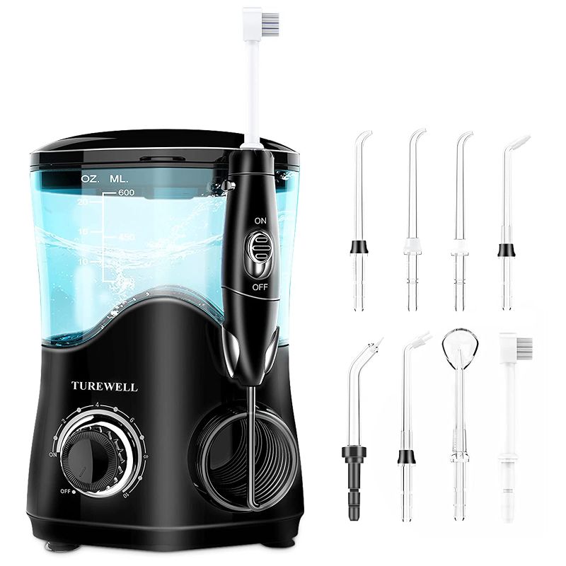 Photo 1 of TUREWELL Water Dental Flosser for Teeth/Braces, Water Teeth Cleaner Pick 8 Jet Tips and 10 Pressure Levels, 600ML Large Water Tank Oral Irrigator for Family(Black)
