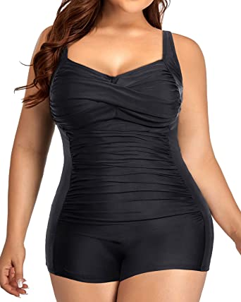 Photo 1 of Daci Plus Size One Piece Swimsuits Boyshort Tummy Control Ruched Plus Size Bathing Suits Retro Twist Front  Boyleg  Swimwear 12W
