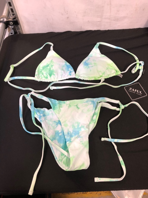 Photo 2 of ZAFUL Women's Swimsuit Halter Ribbed Polka Dot Tie Dye String Bathing Suit Bikini Set, 2 PIECE ALGAE GREEN, MEDIUM (FITS SMALL)