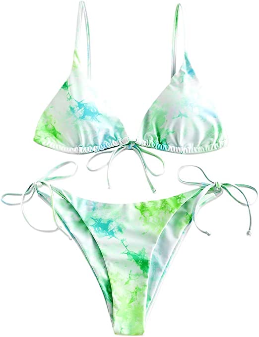 Photo 1 of ZAFUL Women's Swimsuit Halter Ribbed Polka Dot Tie Dye String Bathing Suit Bikini Set, 2 PIECE ALGAE GREEN, MEDIUM (FITS SMALL)