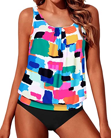 Photo 1 of Yonique Two Piece Blouson Tankini Swimsuits for Women Modest Bathing Suits Loose Fit Swimwear--SIZE MED