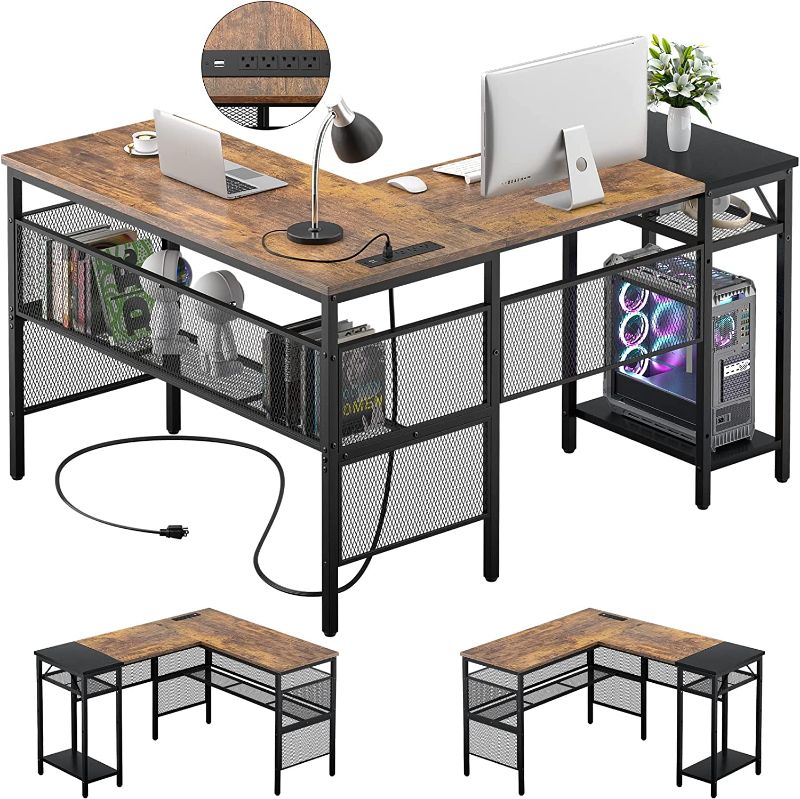 Photo 1 of Unikito L Shaped Desk with USB Charging Port and Power Outlet, Reversible L-Shaped Corner Computer Desk with Storage Shelves, Industrial 2 Person Gaming Table Modern Home Office Desk, Rustic Brown----USED, MISSING PIECES/HARDWARE