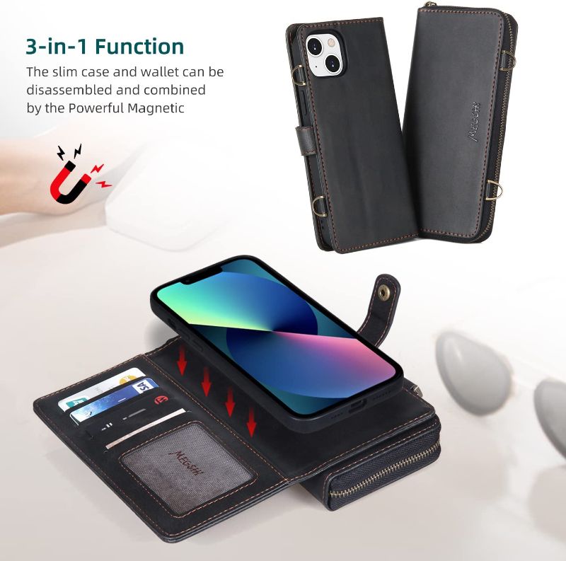 Photo 3 of Misscase iPhone 11 Wallet Case,iPhone 11 Case with card Holder,Multi-function Wallet Case,2 in 1 Detachable Magnetic Wallet Case with Card Holder,PU Leather Flip Cover with Lanyard,13 Card Slots,Black