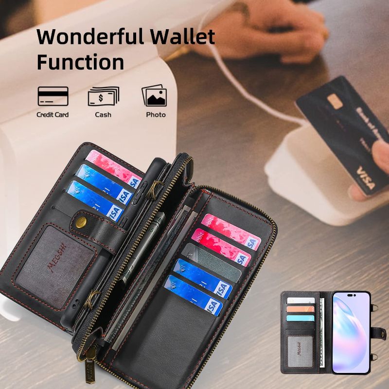 Photo 2 of Misscase iPhone 11 Wallet Case,iPhone 11 Case with card Holder,Multi-function Wallet Case,2 in 1 Detachable Magnetic Wallet Case with Card Holder,PU Leather Flip Cover with Lanyard,13 Card Slots,Black