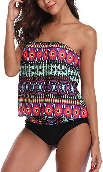 Photo 1 of Chenghe Women's Bandeau Blouson Tankini Top High Waisted Moderate Bottom Two Piece Swimsuits Bathing Suits SIZE XL