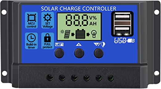 Photo 1 of  10A Solar Charge Controller 12V/ 24V Solar Panel Charge Controller Intelligent Regulator with 5V Dual USB Port Display Adjustable Parameter LCD Display and Timer Setting ON/Off Hours
