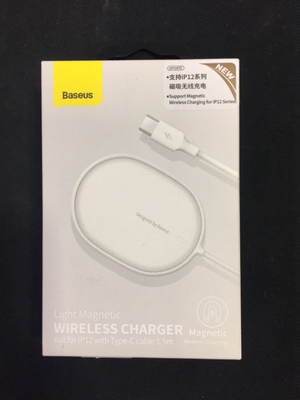 Photo 2 of Baseus Magnetic Wireless Charger, 15W Fast Charging Pad Compatible with MagSafe Wireless Charger for iPhone 13/13 Mini/13Pro/13Pro max/iPhone 12/12 Mini/12Pro max (White) factory seal
