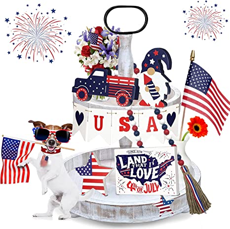 Photo 1 of ALNILK 4th of July Tiered Tray Decor, 10 Pcs Patriotic Tiered Tray Decor Bundle, Wooden Independence Day Signs 4th of July Decor Home Table Memorial Day Independence Labor White Blue Red Decorations -- 2 PACK 
