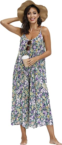 Photo 1 of BUENOS NINOS Women's V Neck Floral Maxi Dress Boho Printed Adjustable Spaghetti Strap Ethnic Beach Long Dress with Pockets - 2XL
