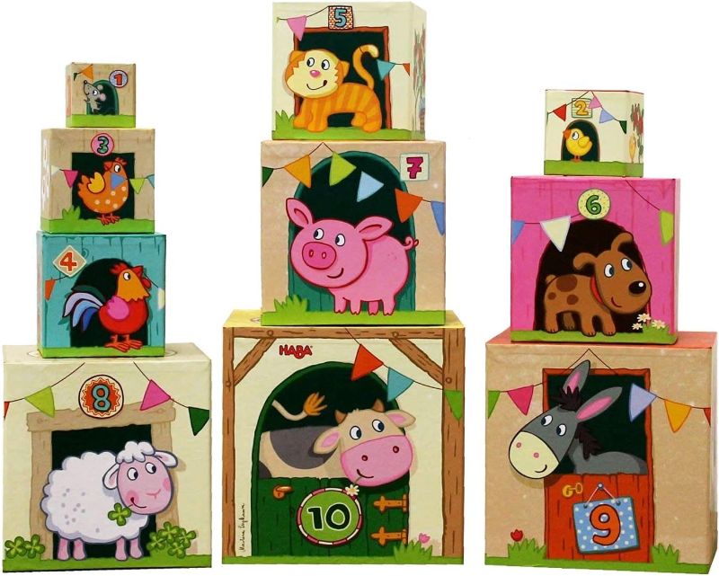 Photo 1 of HABA On the Farm Sturdy Cardboard Nesting & Stacking Cubes - Reinforcing Numbers 1 to 10 by HABA
