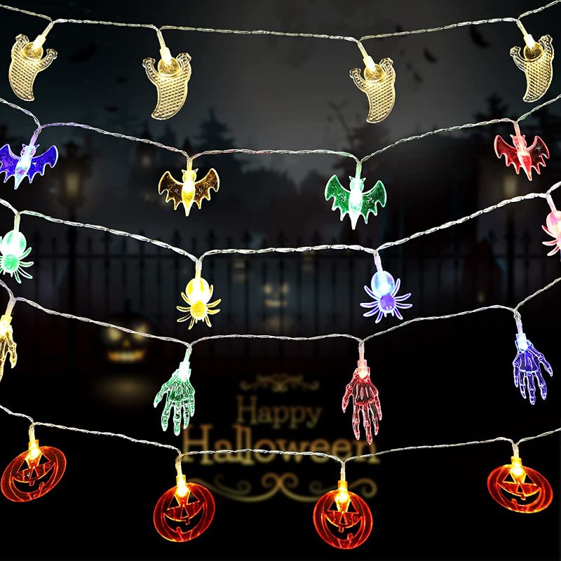 Photo 1 of 5 Pieces Halloween String Lights 10 Feet LED Halloween Pumpkins Bats Spiders Ghosts Skeleton Hands Battery Operated Halloween Decoration Lights for Halloween Party Decoration Outdoor Indoor

