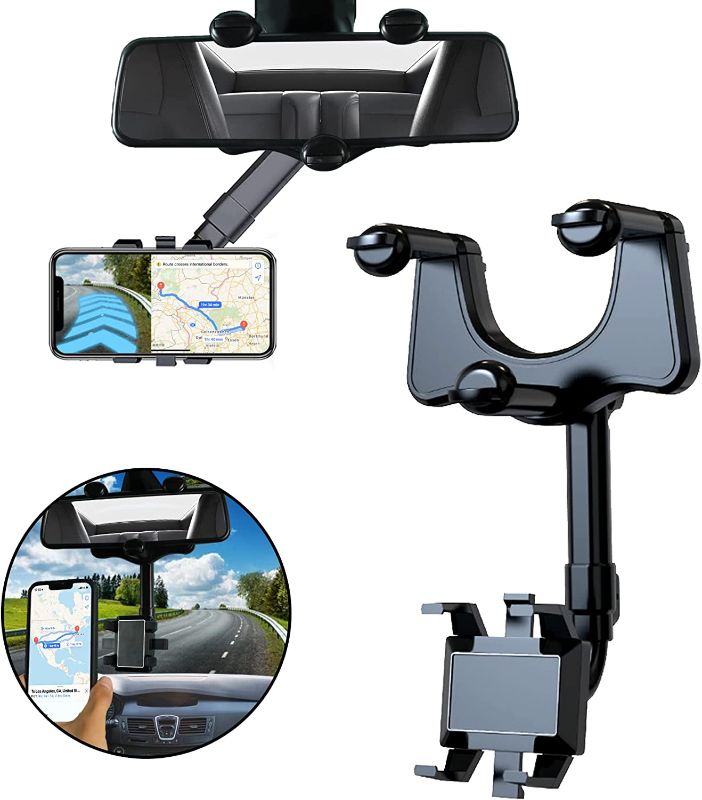 Photo 1 of 2 PCS Multifunctional Rearview Mirror Phone Holder for Car, 360° Rotatable Universal Car Rear View Mirror Mount, Vehicle Back Seat/Home Table Mobile Phone Stand Cradle for All Cell Phones