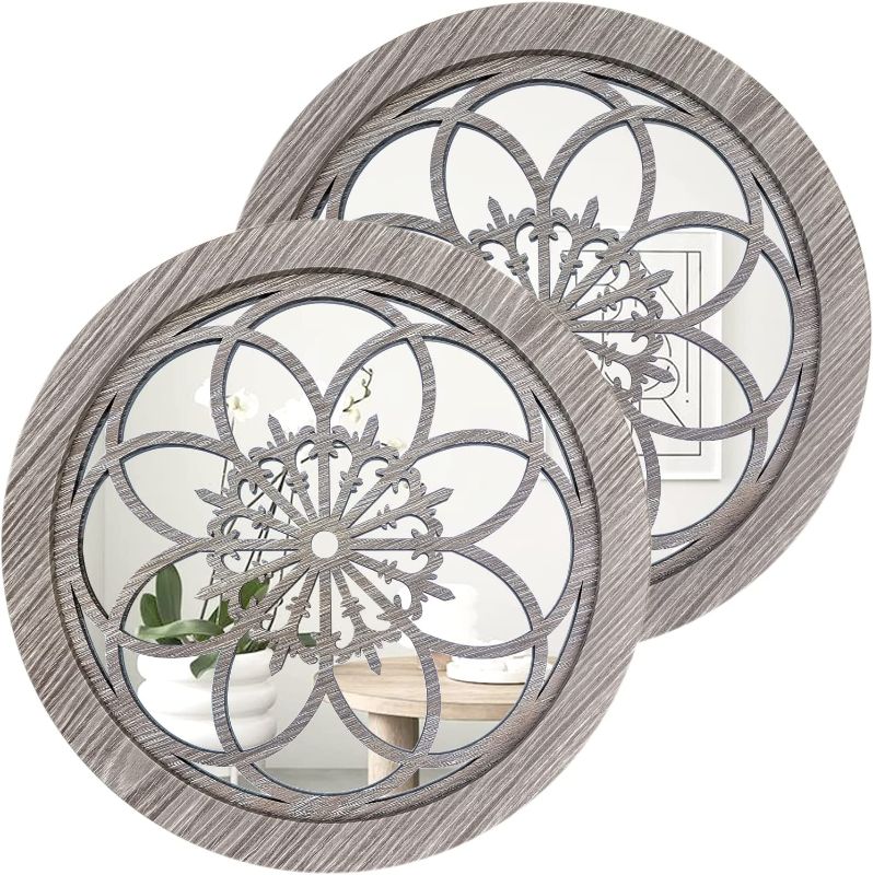 Photo 1 of 2 PCS Round Wall-Mounted Mirrors,Vintage Farmhouse Mirror for Wall Decor,Barn Wood Color Decorative Accent Mirror for Foyer, Bathroom, Bedroom. (12”x12”)
