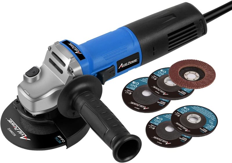 Photo 1 of AVID POWER Angle Grinder 7.5-Amp 4-1/2 inch with 2 Grinding Wheels, 2 Cutting Wheels, Flap Disc and Auxiliary Handle (Blue)
