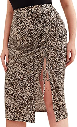 Photo 1 of 
Floerns Women's Plus Size Leopard Drawstring Ruched Split Thigh Midi Skirt , SIZE XL