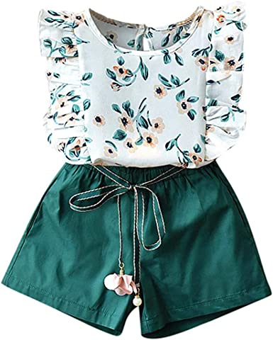 Photo 1 of Baby Toddler Girls Summer Outfits 2-7 Years Kids Flower Print T-Shirt Sleeveless Top Belt Shorts Pants Set, SIZE 15