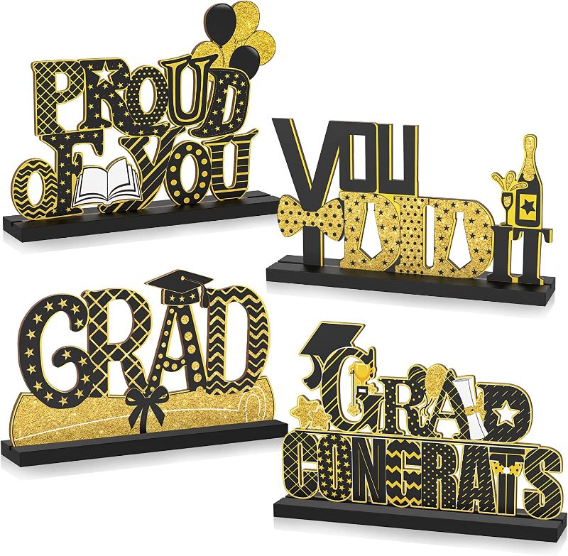 Photo 1 of 4 Pack Graduation Centerpieces for Tables 2022, Class of Grad Congrats Party Congratulate Decorations, Wooden Signs Toppers for High School Senior College Decor