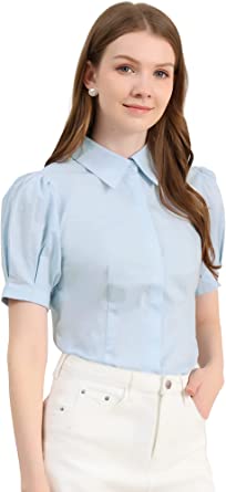 Photo 1 of Allegra K Women's Puff Sleeve Collared Cotton Work Office Button Down Shirt, SIZE S