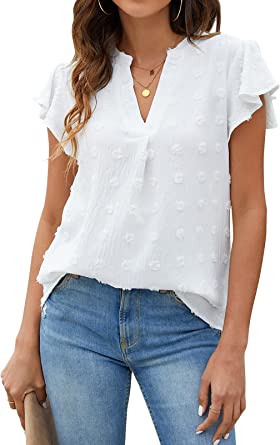 Photo 1 of Blooming Jelly Womens White Blouse V Neck Ruffle Sleeve Flowy Shirts Dressy Casual Cute Summer Tops, Small 
