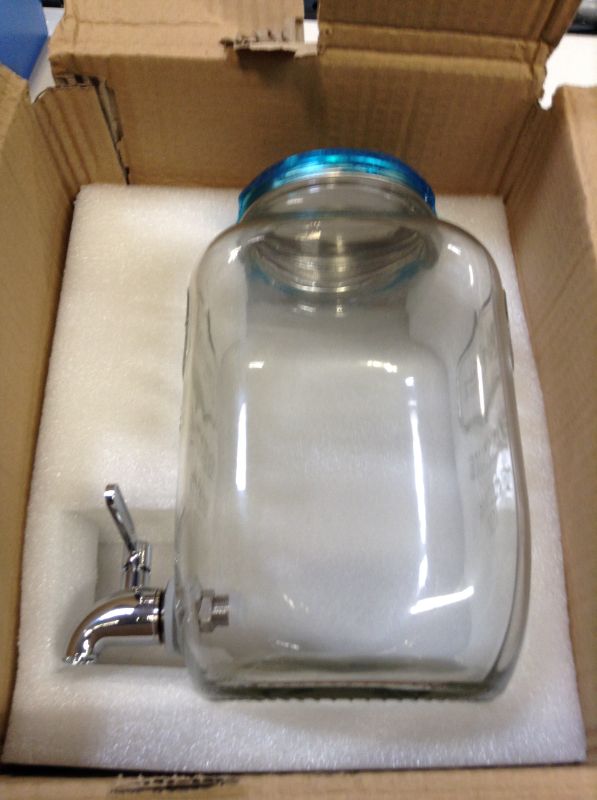 Photo 1 of Bekith 1 Gallon Glass Beverage Dispenser with 18/8 Stainless Steel Spigot -- BLUE TOP ----