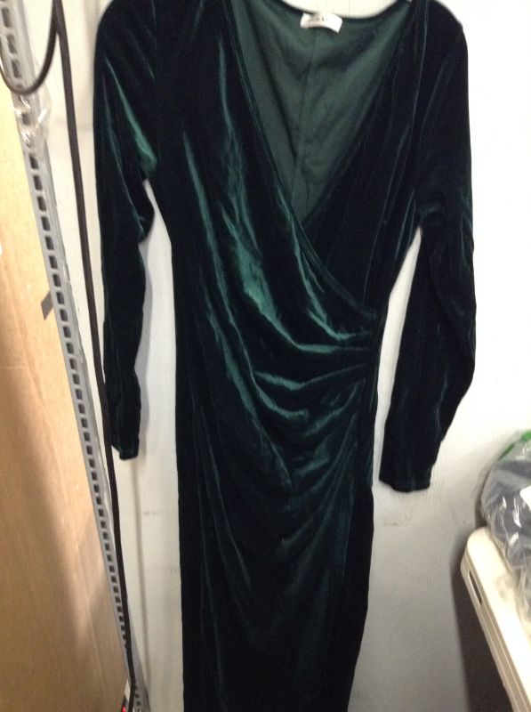 Photo 2 of DIRASS Women's Elegant Velvet Long Sleeve Wrap V Neck Ruched Bodycon Cocktail Party Maxi Dress SIZE M