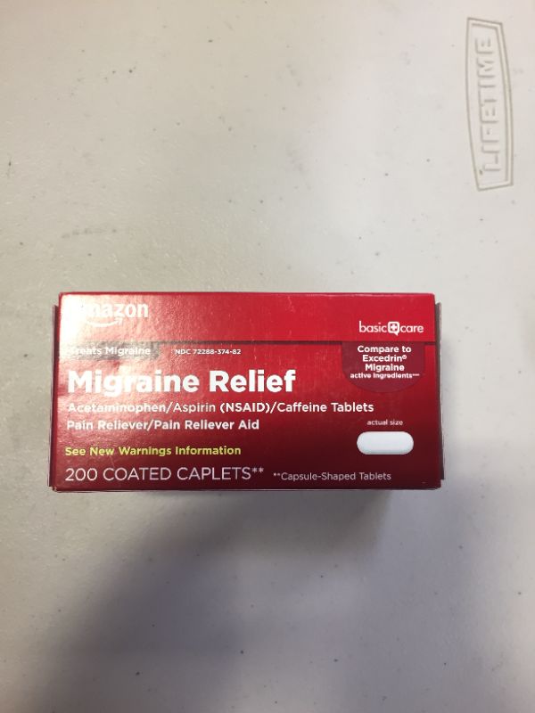 Photo 2 of Amazon Basic Care Migraine Relief, Acetaminophen, Aspirin (NSAID) and Caffeine Tablets, 200 Count
EXP 03/2023