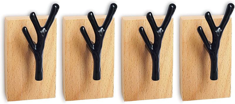 Photo 1 of 4Pcs Wood Wall Hooks Wall Mounted Natural and Rustic Coat Hook for Coats, Bags, Towels and More, Adhesive No Drilling or Wall Mounted with Screws, Single Organizer Wall Rack
