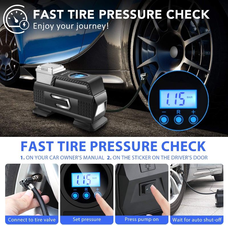 Photo 3 of Merece Tire Inflator Portable Air Compressor AC/DC 12V Air Compressor for Car Tires, Cordless Tire Pump with Rechargeable Built-in Battery Small Digital Quiet Tire Air Compressor with Pressure Gauge

