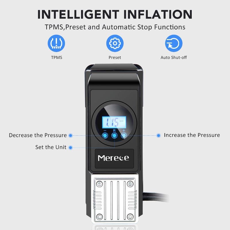 Photo 4 of Merece Tire Inflator Portable Air Compressor AC/DC 12V Air Compressor for Car Tires, Cordless Tire Pump with Rechargeable Built-in Battery Small Digital Quiet Tire Air Compressor with Pressure Gauge
