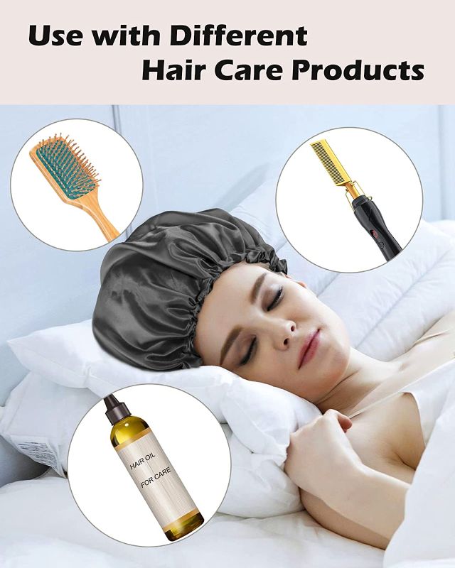 Photo 5 of Auban Large Bonnet Sleep Cap Hair Wrap for Curl, Double Layer Satin Lined Bonnet for Sleeping Bag Adjustable Elastic Lace Band Hair Silk Wrap for Women Hair Oil Care After Use Hot Comb Black
