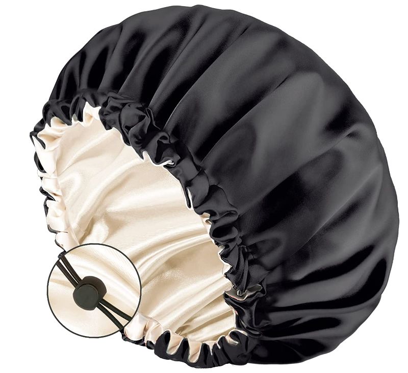 Photo 1 of Auban Large Bonnet Sleep Cap Hair Wrap for Curl, Double Layer Satin Lined Bonnet for Sleeping Bag Adjustable Elastic Lace Band Hair Silk Wrap for Women Hair Oil Care After Use Hot Comb Black
