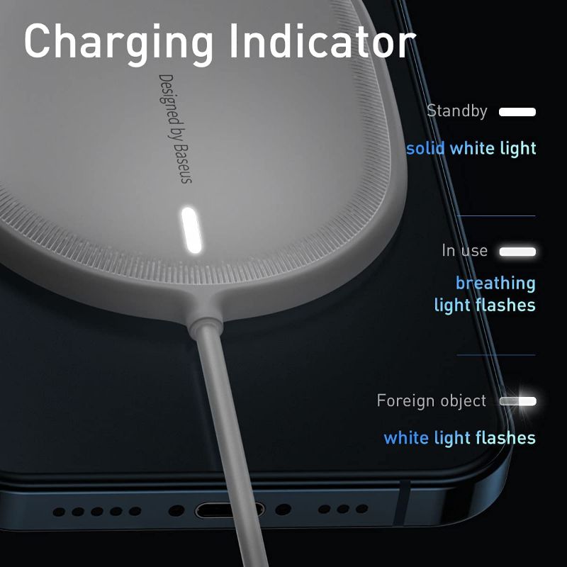 Photo 4 of Baseus Magnetic Wireless Charger, 15W Fast Charging Pad Compatible with MagSafe Wireless Charger for iPhone 13/13 Mini/13Pro/13Pro max/iPhone 12/12 Mini/12Pro max (White)
