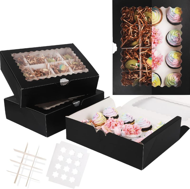 Photo 1 of 12 Cupcake Boxes with Window 16 Packs Black Cupcake Box 13"x10"x3.5" Bakery Boxes For Cupcakes Cupcake Carrier, Cupcake Containers?16 Cupcake Inserts+5 Set Cookie Dividers?

