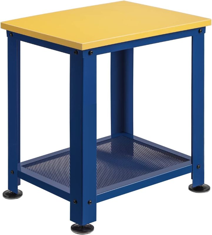 Photo 1 of 2-Tier End Table, Industrial Side Table Nightstand with Durable Metal Frame, Coffee Table with Mesh Shelves for Living Room, Coffee Bar, Vibrant Yellow and Blue
