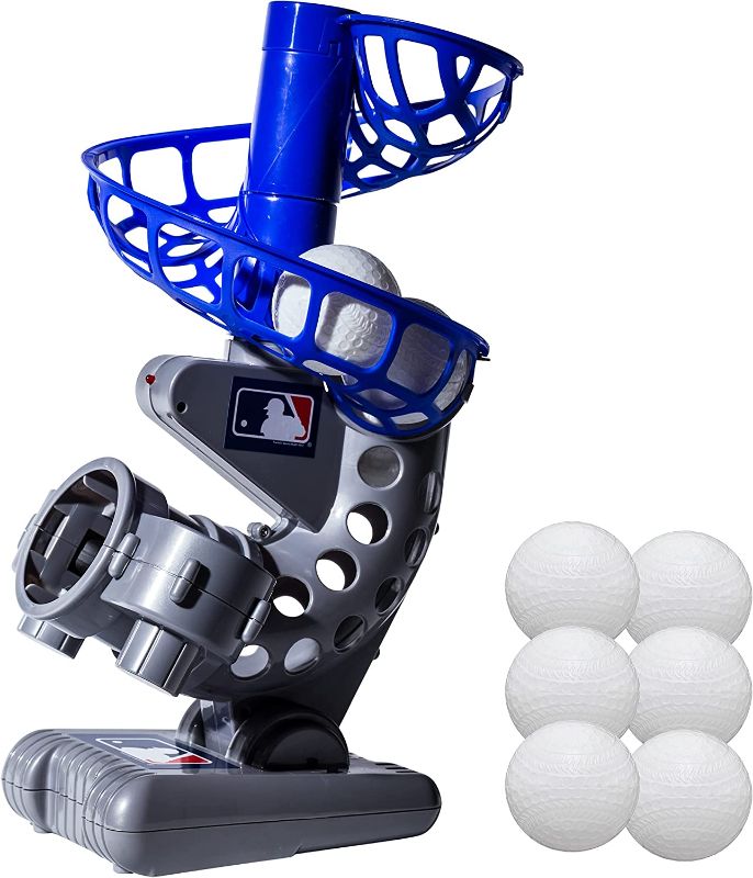 Photo 1 of Franklin Sports MLB Electronic Baseball Pitching Machine – Height Adjustable – Ball Pitches Every 7 Seconds – Includes 6 Plastic Baseballs

