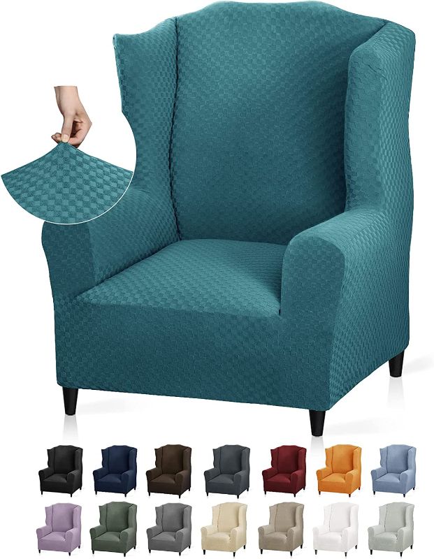 Photo 1 of YEMYHOM 1 Piece Stretch Wingback Chair Slipcover Latest Jacquard Design Wing Chair Cover Non Slip Furniture Protector with Foam Rods for Living Room (Wing Chair, Peacock Blue)
