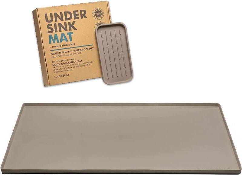 Photo 1 of Pacific HKB Mats Under Sink Mat for Kitchen Waterproof - Silicone Under Sink Liner (34.25” x 22”) plus Organizer Tray - Under the Sink Mat for Kitchen Cabinet - Versatile Under Sink Tray - Beige
