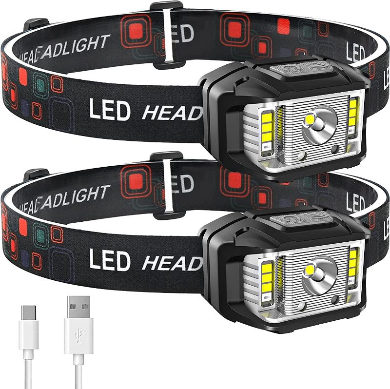 Photo 1 of Headlamp Rechargeable, JNDFOFC 1200 Lumen Super Bright Motion Sensor LED Head Lamp flashlight, 2 PACK Waterproof Headlight with White Red Light,14 Modes Head Lights for Outdoor Camping Fishing Running
