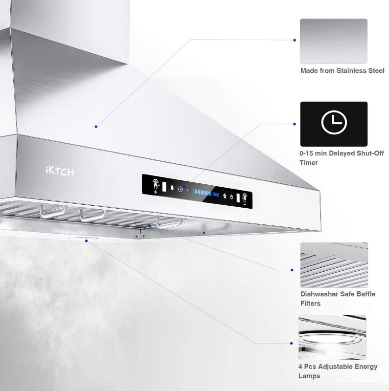 Photo 1 of IKTCH 36-inch Wall Mount Range Hood 900 CFM Ducted/Ductless Convertible, Kitchen Chimney Vent Stainless Steel with Gesture Sensing & Touch Control Switch Panel, 4 Pcs Adjustable Lights
