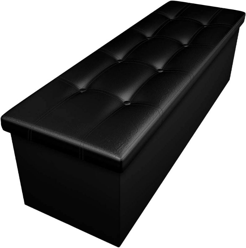 Photo 1 of Camabel 43 Inch Folding Ottoman Storage Bench Cube Hold up 700lbs Faux Leather Long Chest with Memory Foam Seat Footrest Padded Upholstered Stool for Bedroom Bed Coffee Table Rectangular Black BG363
