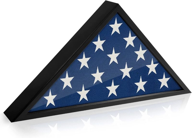 Photo 1 of Americanflat Large Flag Box Display Case for Burial Flag - Fits a Folded 5' x 9.5' Flag Military Flag Display Case - Triangle Flag Holder with Wall Mount and Polished Plexiglass Front (Black)------inside damage 
