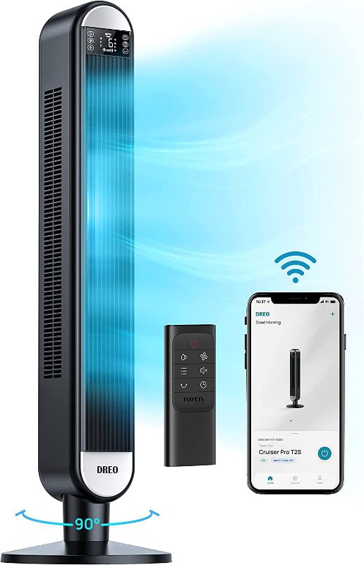 Photo 1 of Dreo 42 Inch Smart Tower Fan, 90° Oscillating Fan, WiFi Alexa Fan, Voice Control, Bladeless Fan with Remote, 6 Speeds, 12h Timer, Large LED Display, App Programmable Fan for Bedroom Living Room Home
