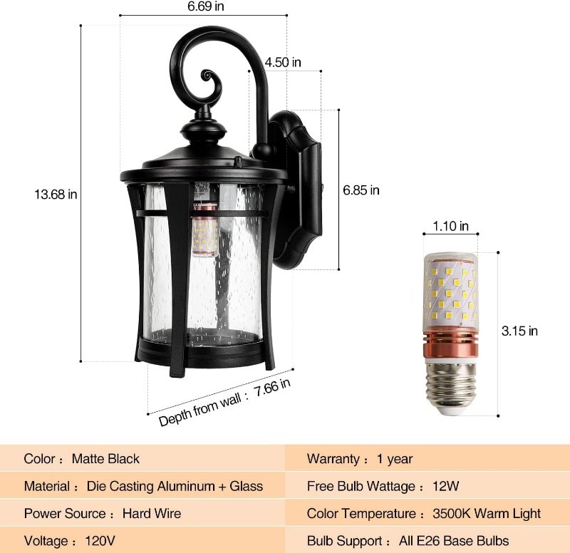 Photo 1 of Exterior Light Fixture Wall Mount 13.68" H Outdoor Porch Light for House, with Clear Seeded Glass Shade, Anti-Rust Aluminum Wall Lantern Waterproof Outside Wall Sconces for Garage, Doorway
